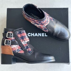 CHANEL 2017 Lambskin & Tweed Pattern Ankle Black Boots Size 40
